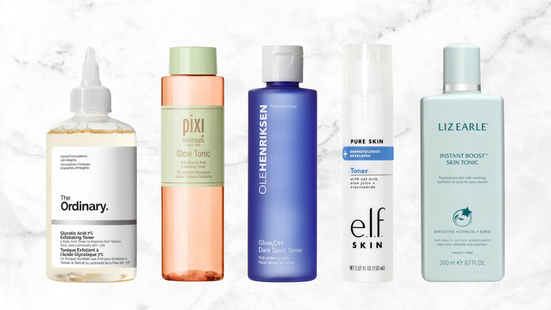 Collage of five of the best toners featured in this guide from (left to right) The Ordinary, Pixi Beauty, Ole Henriksen, e.l.f. Skin and Liz Earle, set against a white marble effect background 