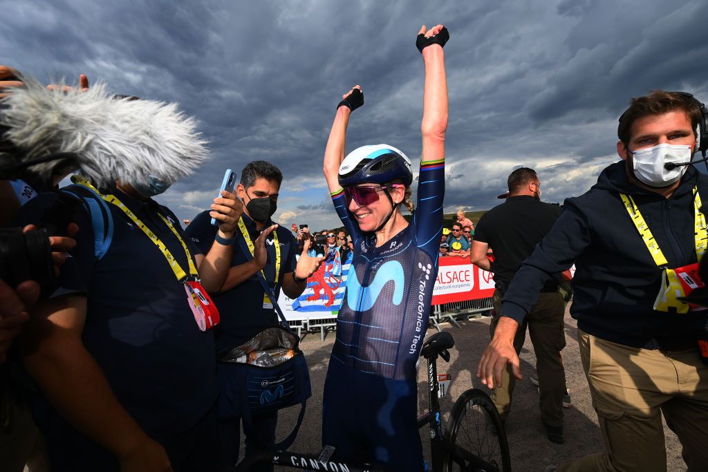 LE MARKSTEIN FRANCE JULY 30 Annemiek Van Vleuten of Netherlands and Movistar Team celebrates winning during the 1st Tour de France Femmes 2022 Stage 7 a 1271km stage from Slestat to Le Marksteinc TDFF UCIWWT on July 30 2022 in Le Markstein France Photo by Tim de WaeleGetty Images