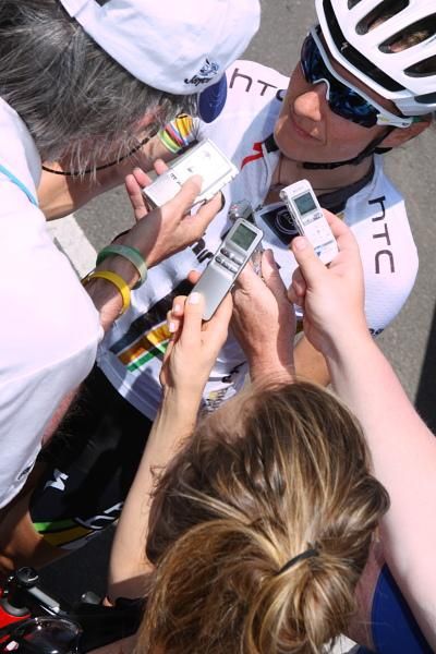 Australian interviewers wait to record Judith Arndt's thoughts on her win and the Bay Classics series.