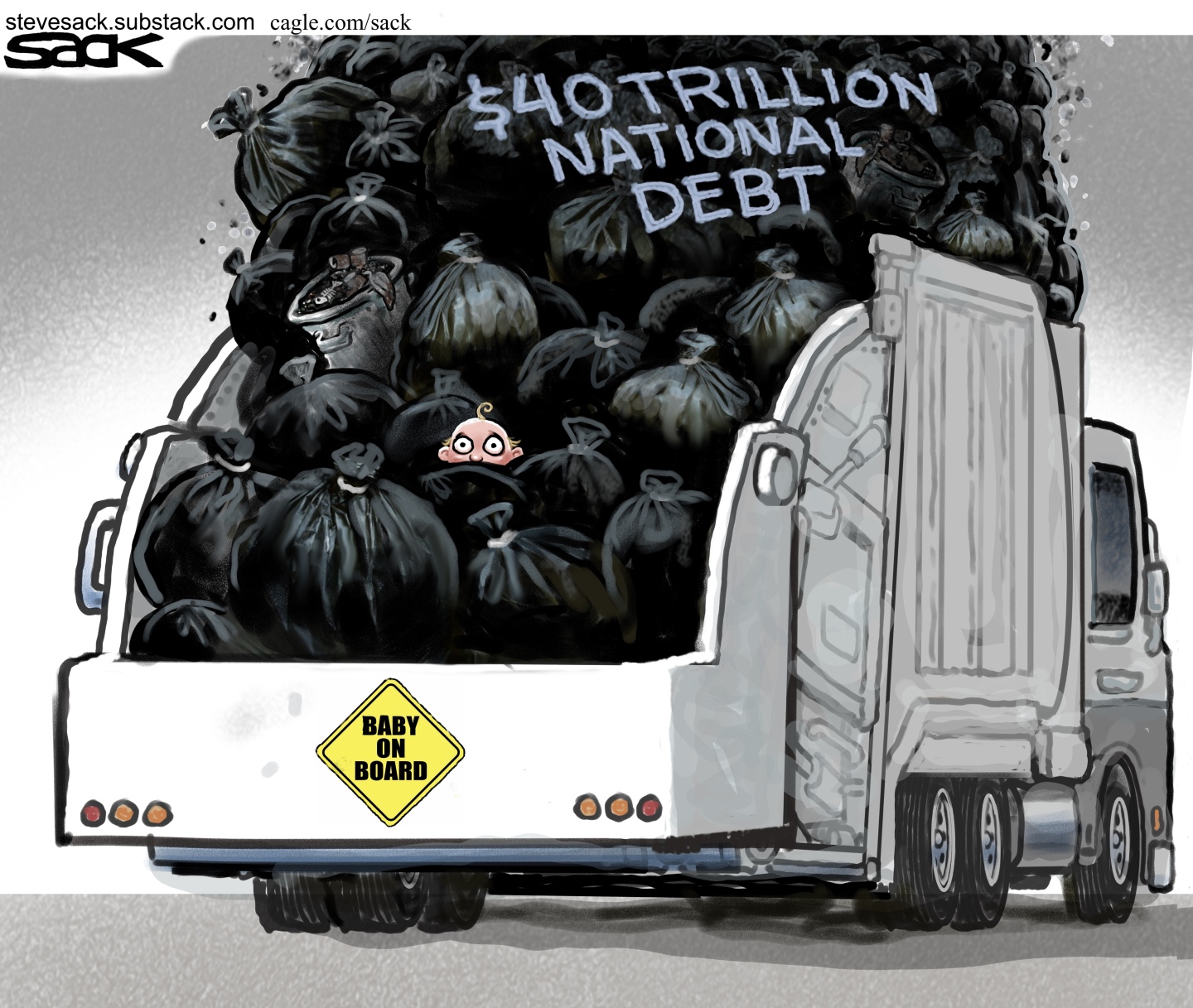 This cartoon depicts a garbage truck overloaded with garbage bags that are labeled &amp;ldquo;$40 trillion national debt.&amp;rdquo; The truck has a &amp;ldquo;Baby on Board&amp;rdquo; sticker in the back and there is an infant peering out from inside the pile of garbage bags with a wide-eyed expression.