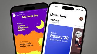 Two phones showing Spotify Wrapped and Apple Music Replay