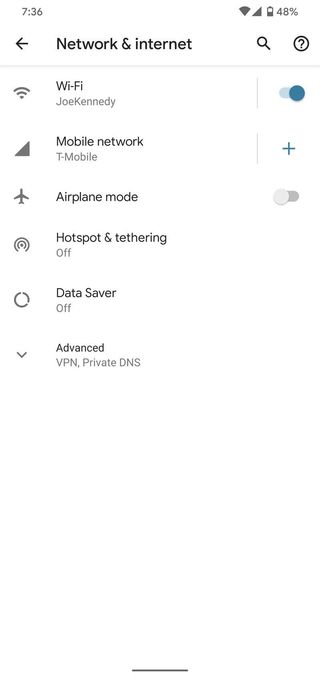 Android 10 Network & internet settings page