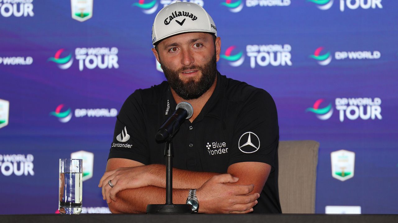 Jon Rahm talks to the media before the DP World Tour Championship in Dubai