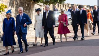 King Charles III arrives with Camilla, the Queen Consort, Princess Anne, Princess Royal, Prince Andrew, Duke of York, Sophie, Duchess of Edinburgh, Prince Edward, Duke of Edinburgh, and other members of the Royal Family to attend the Easter Sunday church service