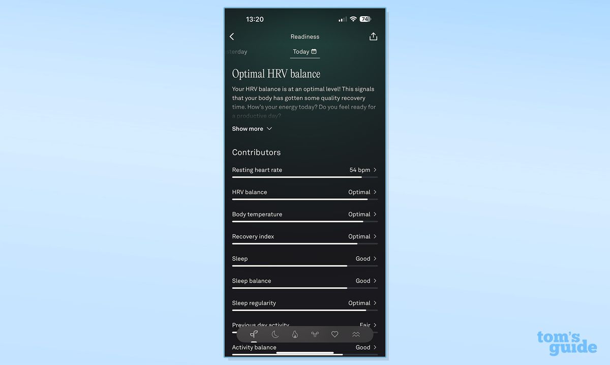 Oura app showing contributors for optimal HRV balance in the app against a blue background