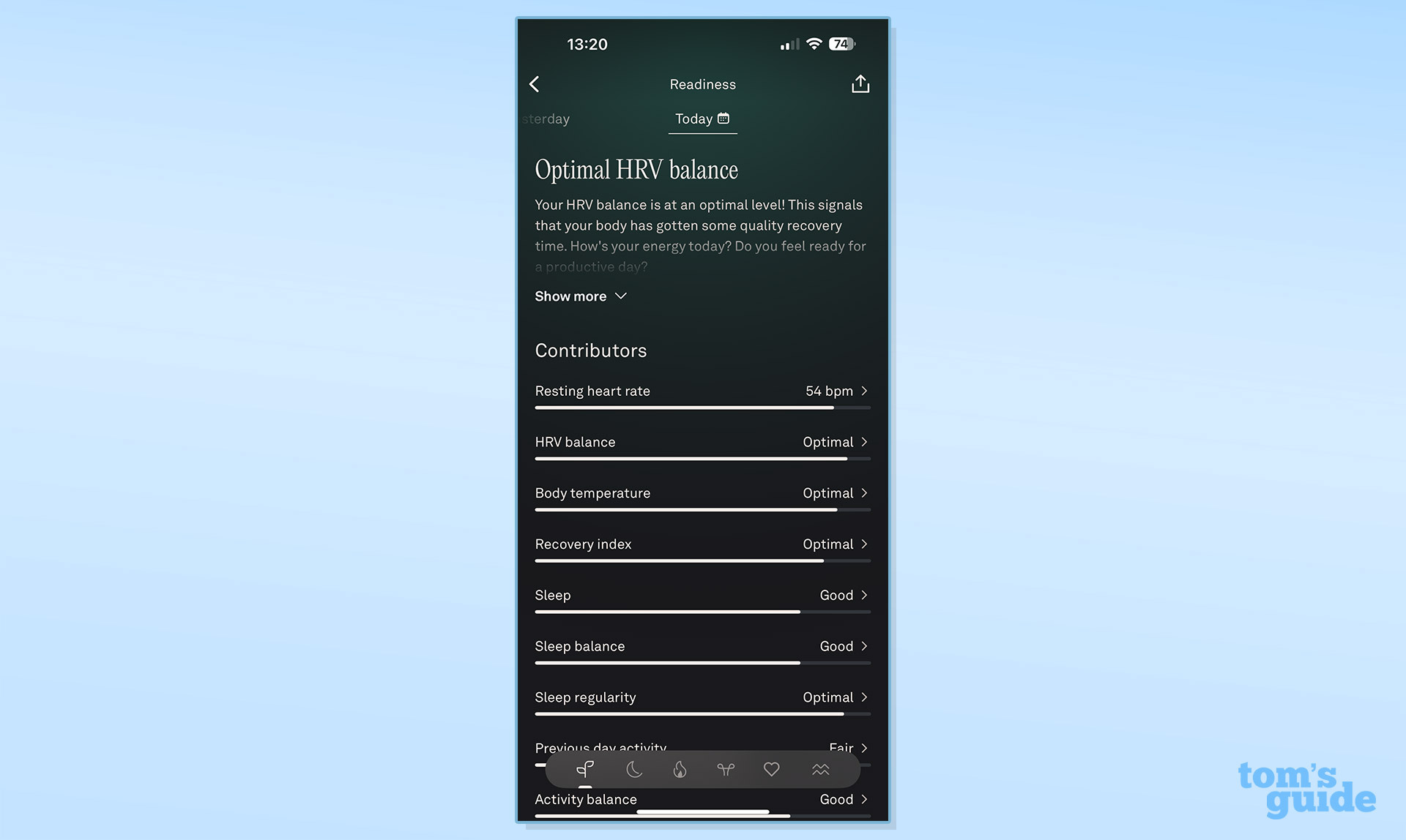 Oura app showing contributors for optimal HRV balance in the app against a blue background