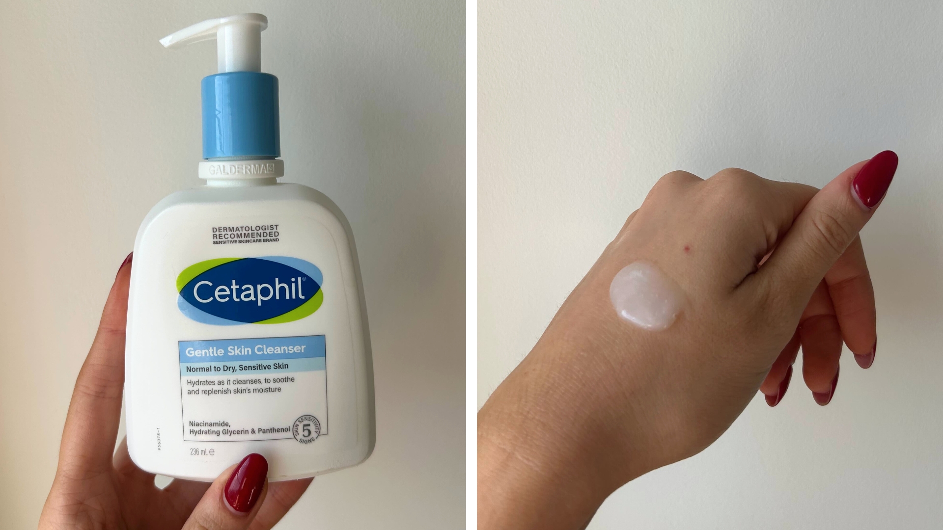 Collage of photos, including an image of hand holding Cetaphil Gentle Skin Cleanser on the left and image of the formula on the back of hand with red nails on the right