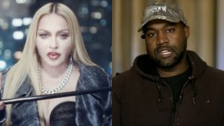 Madonna holding a cane in The Weeknd's music video Popular, pictured next to Kanye West in an interview for Piers Morgan Uncensored.