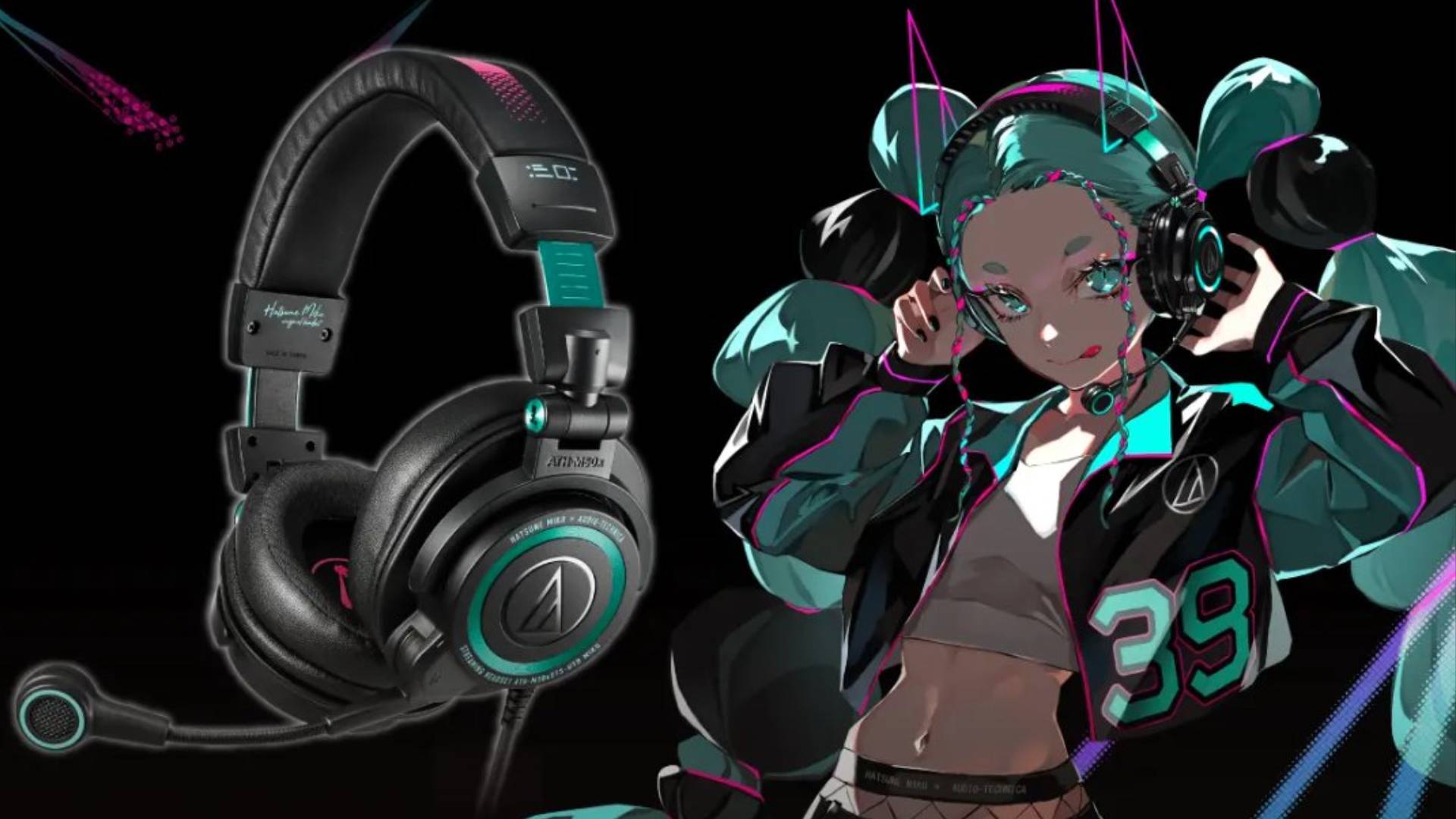 Promo image from the official Audio-Technica X/Twitter page featuring the ATH-M50xSTS-USB Miku headset and the official art by LAM on its right-hand side.