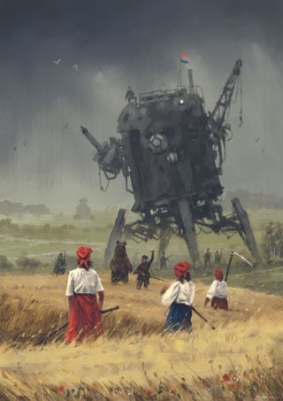 Find your art style; women harvest hay in a field overseen by a mech