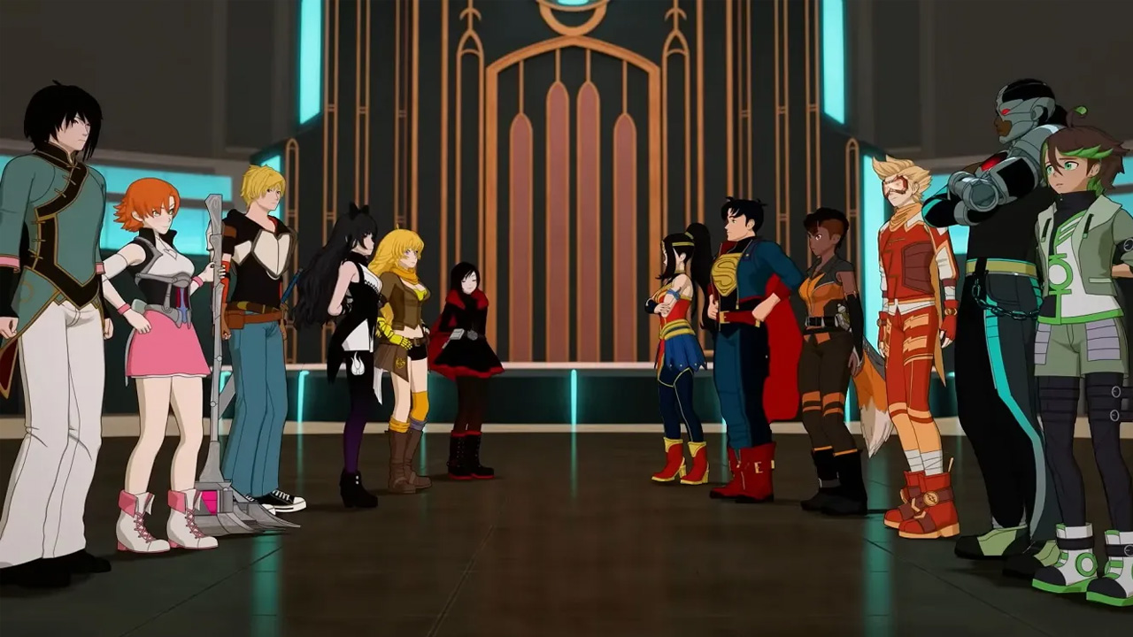 A screenshot of RWBY and the Justice League in the Super Heroes & Huntsmen Part One movie