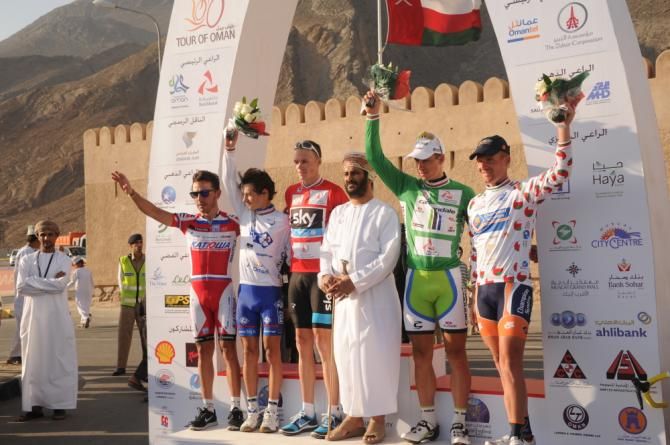Stage winner Rodriguez, best young rider Kenny Elissonde (FDJ), race leader Chris Froome, Peter Sagan (points) and Bobbie Traksel (combativity) on the podium