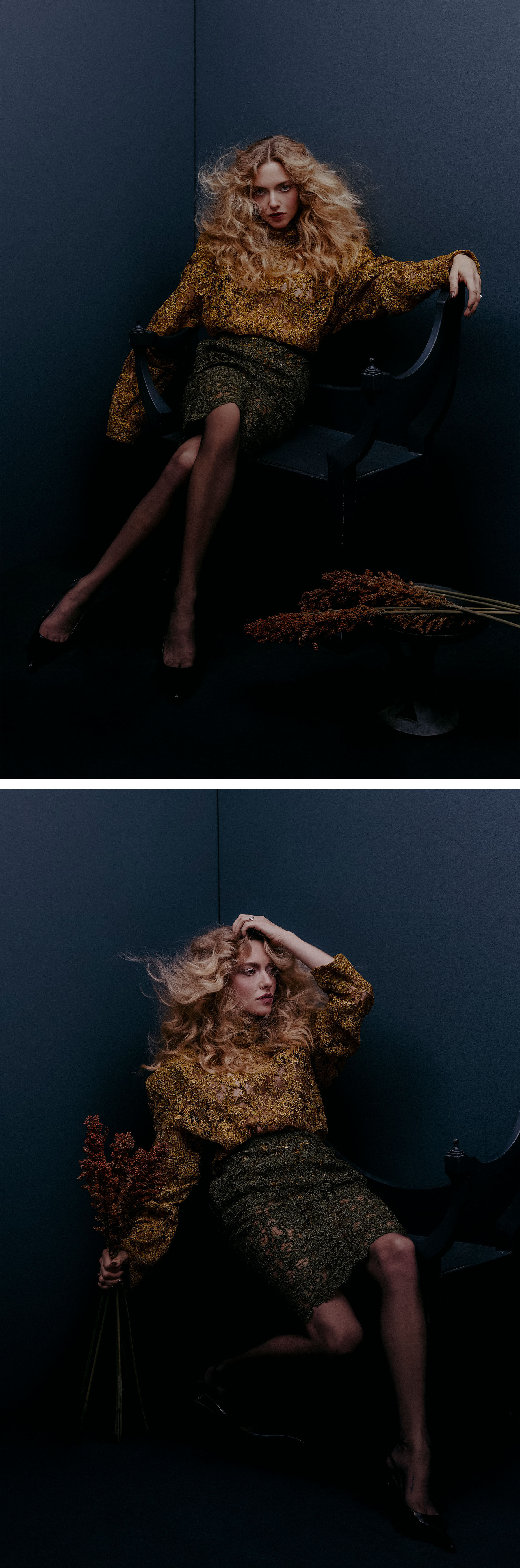 Amanda Seyfried for Who What Wear&#039;s December cover story. Seyfried is photographed sitting in a black wood chair wearing a yellow lace Saint Lauren top with a lace green pencil skirt.