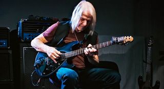 Steve Morse plays his signature Ernie Ball Music Man electric guitar as he tests out his new Engl tube amp