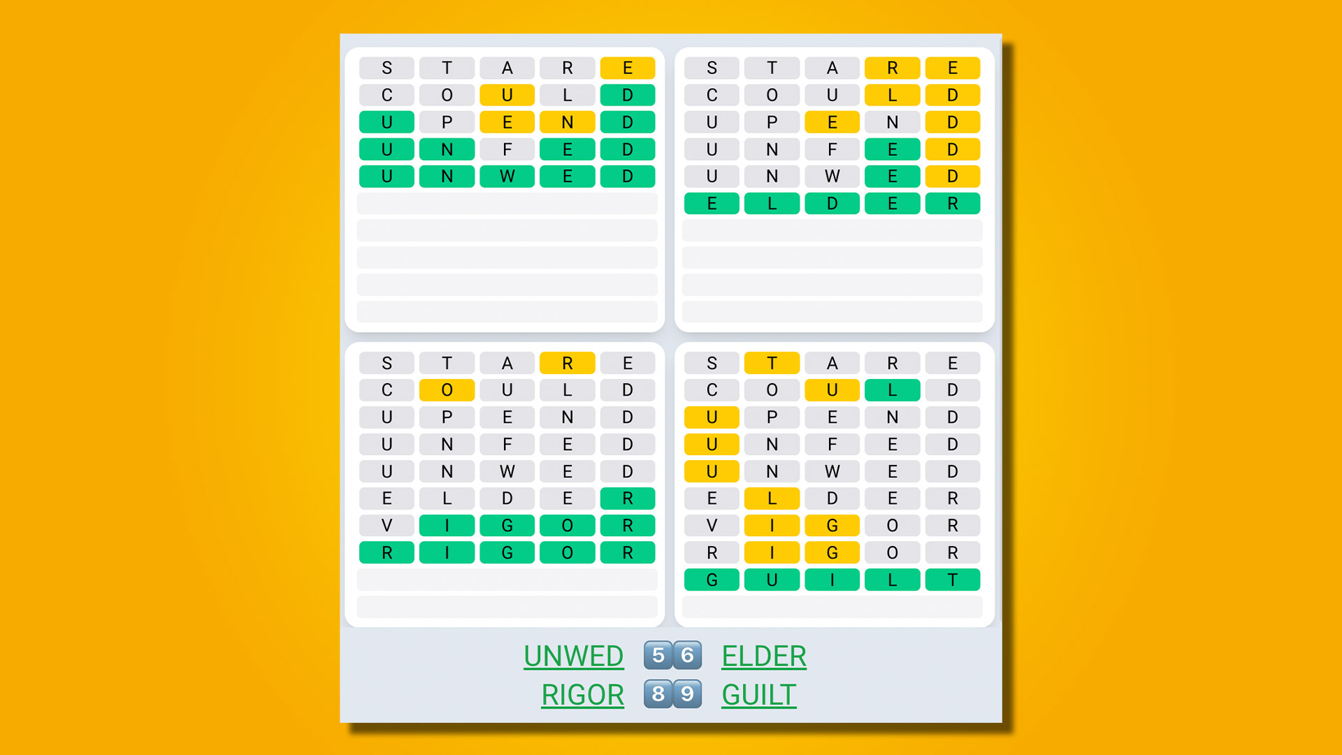 Quordle Daily Sequence 465 respuestas sobre un fondo amarillo