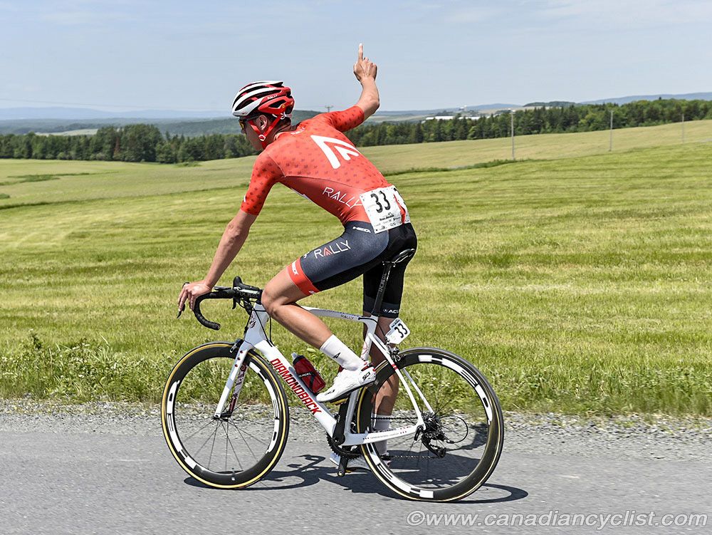 Rally Cycling's Matteo Dal Cin flatted the first time through the gravel