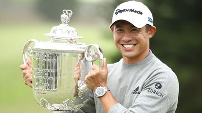 Collin Morikawa with the Wanamaker Trophy after winning the 2020 PGA Championship