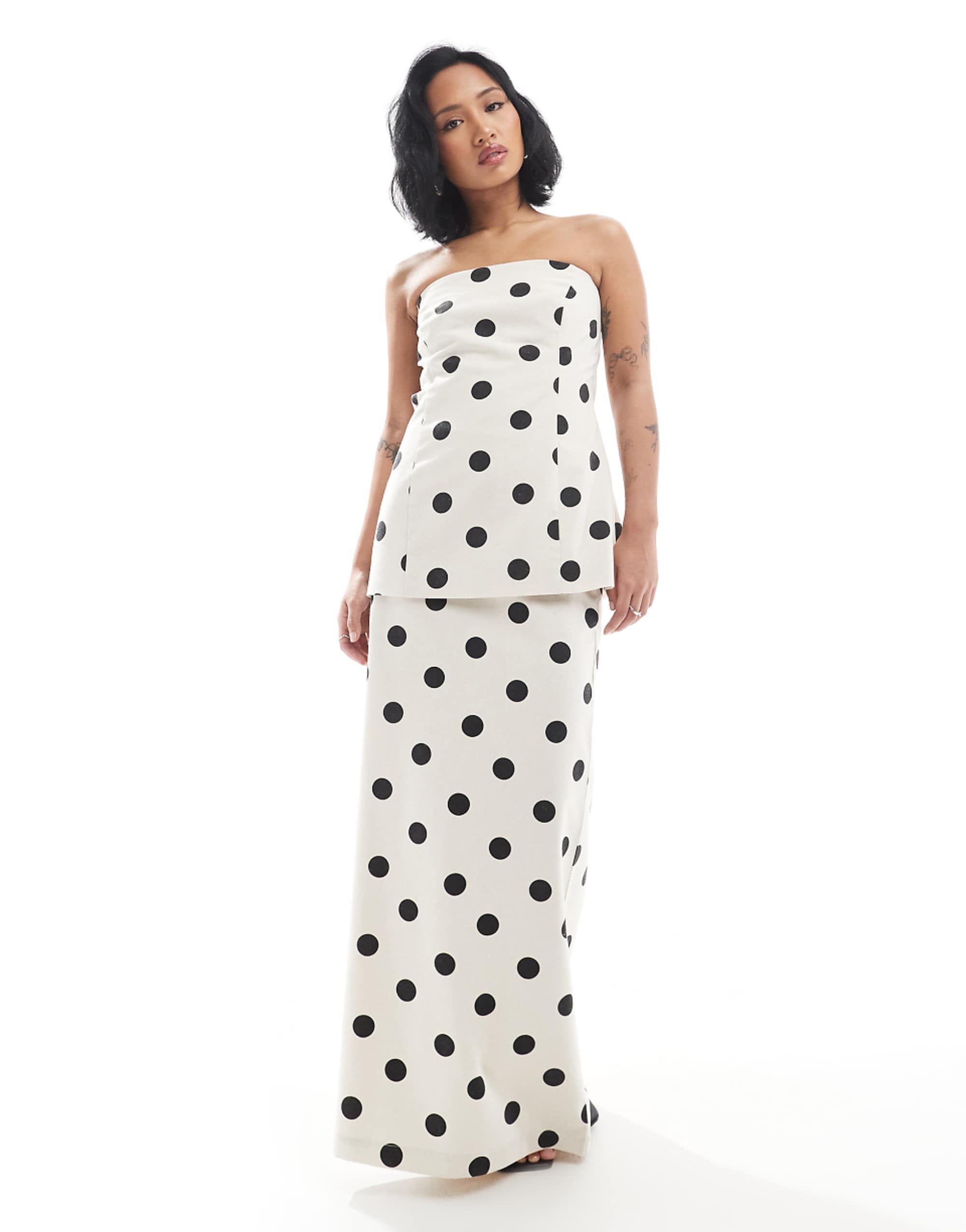 4th & Reckless Petite Exclusive Linen Blend Maxi Skirt Co-Ord in Cream Polka Dot