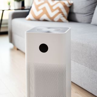 White large capacity air purifier displayed in room