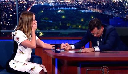 Emily Blunt and Stephen Colbert fake-vomit