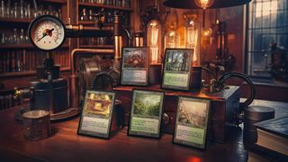 Magic: The Gathering promotional image - five cards in a retro-Steampunk setting