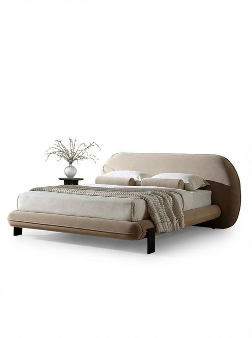 Elystan Oval Headboard Upholstered Bed in Warm Beige Fabric