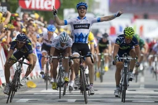 Tyler Farrar (Garmin-Cervelo) celebrates his victory in Redon, the American's first Tour de France stage win.