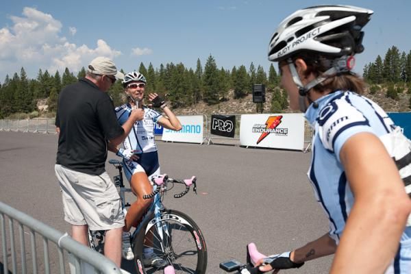 Meredith Miller (Team TIBCO) speaks to race announcer Dave Towle after winning her first national title.