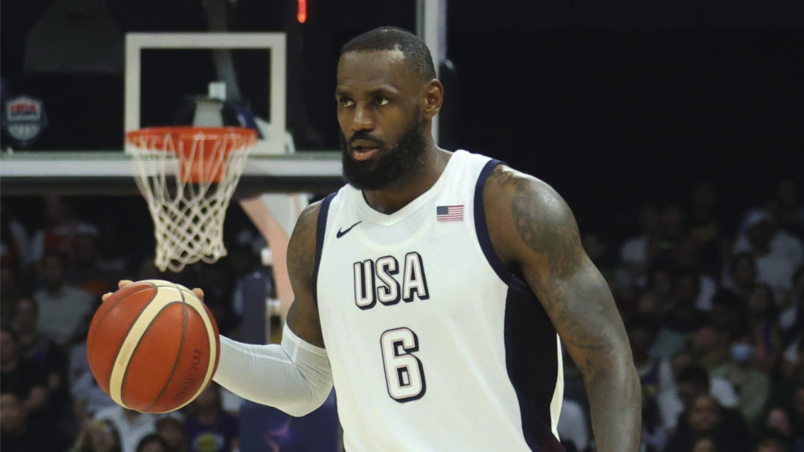  LeBron James #6 of Team USA dribbles the ball in preparation for the basketball live stream at Olympics 2024