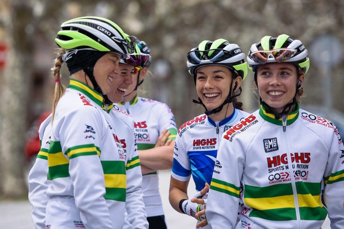 Shannon Malseed and her Australia Development team share a joke whilst waiting to sign in