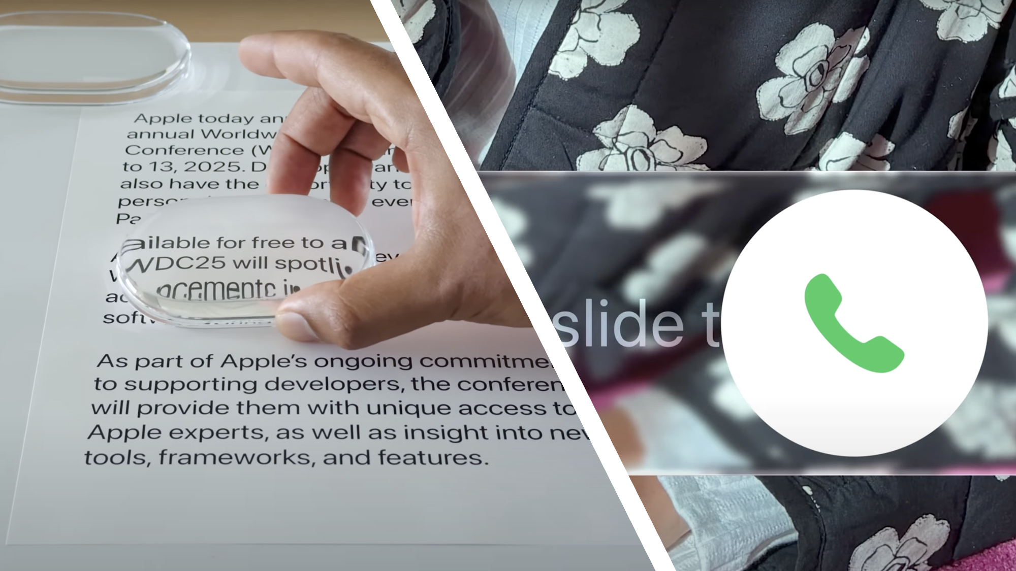 A hand holding a piece of glass over text and the call answer symbol in iOS 26