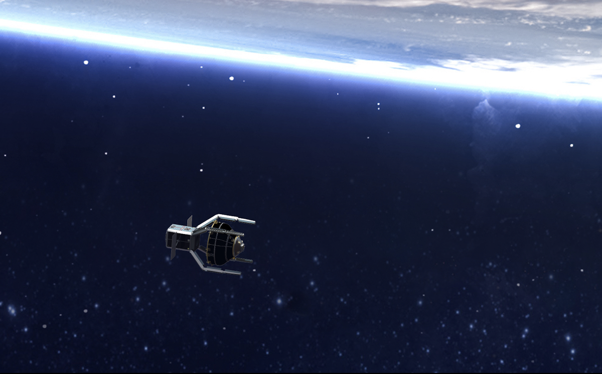 An artist&#039;s rendering shows the ClearSpace-1 satellite using its robotic arms to capture the conical piece of space debris called Vespa.