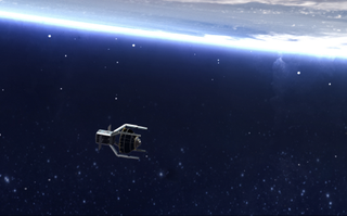 An artist's rendering shows the ClearSpace-1 satellite using its robotic arms to capture the conical piece of space debris called Vespa.