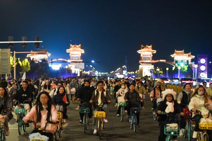 Students on bikes in China