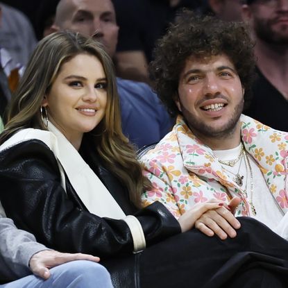 Actress Selena Gomez, left, and actor Benny Blanco during the first half of an NBA basketball game between the Los Angeles Lakers at Crypto.com Arena in Los Angeles Wednesday, Jan. 3, 2024.