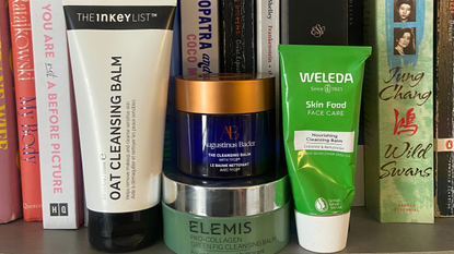 Line up of Rebecca Fearn's Best cleansing balms, including augustinus bader, the inkey list, weleda and elemis