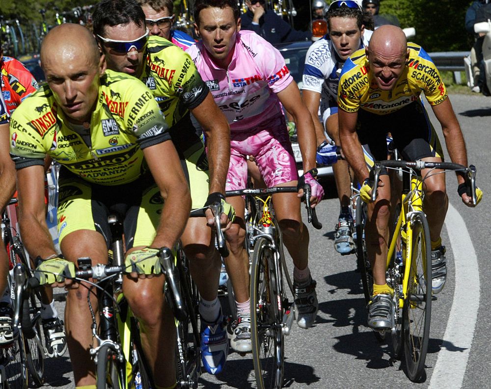 Stefano Garzelli (L), Gilberto Simoni (C) and Marco Pantani (R) on the Monte Zoncolan in the 2002 Giro