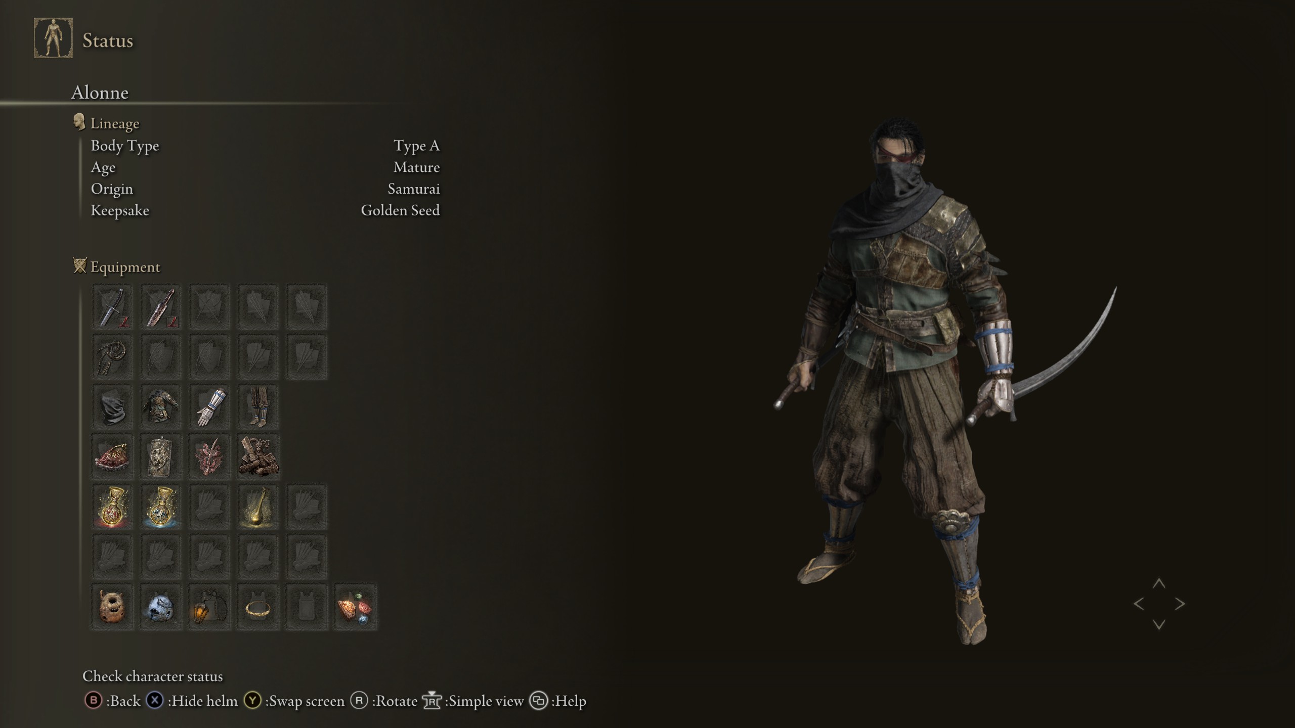 Character record screen showing a ninja-type guy with the backhand blades.