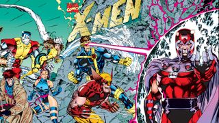 The '90s X-Men including Cyclops, Wolverine, Psylocke, Rogue, Gambit, Colossus, Beast, Archangel, Storm, Jean Grey, and Professor X rushing into battle against Magneto, who is surrounded by a forcefield