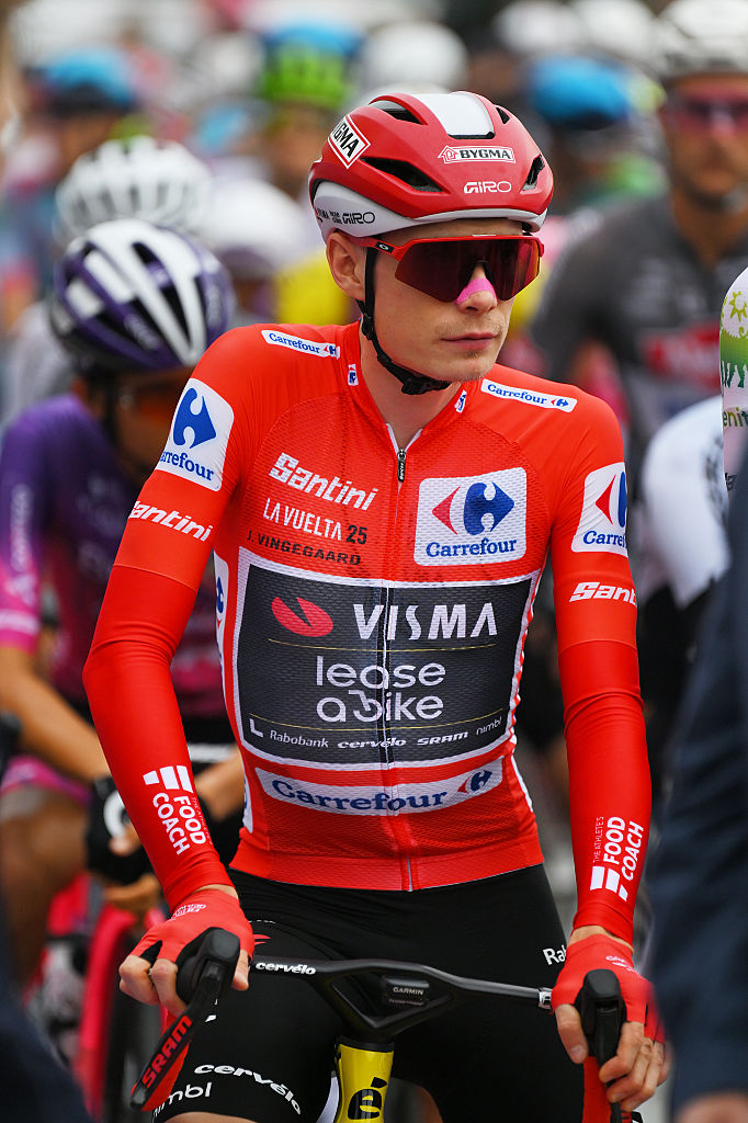 OLOT, SPAIN - AUGUST 28: Jonas Vingegaard of Denmark and Team Visma | Lease a Bike - Red Leader Jersey prior to the La Vuelta - 80th Tour of Spain 2025, Stage 6 a 170.3km stage from Olot to Pal - Andorra 1900m / #UCIWT / on August 28, 2025 in Olot, Spain. (Photo by Tim de Waele/Getty Images)