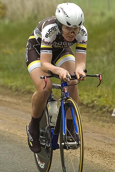 Louise Kerr from New South Wales rides towards a silver medal in the women's time trial near Geelong.