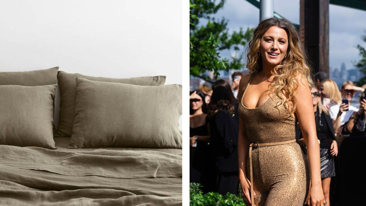 Green, rustic-looking bedding suitable for a cabin next to Blake Lively in a gold outfit outdoors in NYC at a Fashion Week event