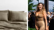 Green, rustic-looking bedding suitable for a cabin next to Blake Lively in a gold outfit outdoors in NYC at a Fashion Week event