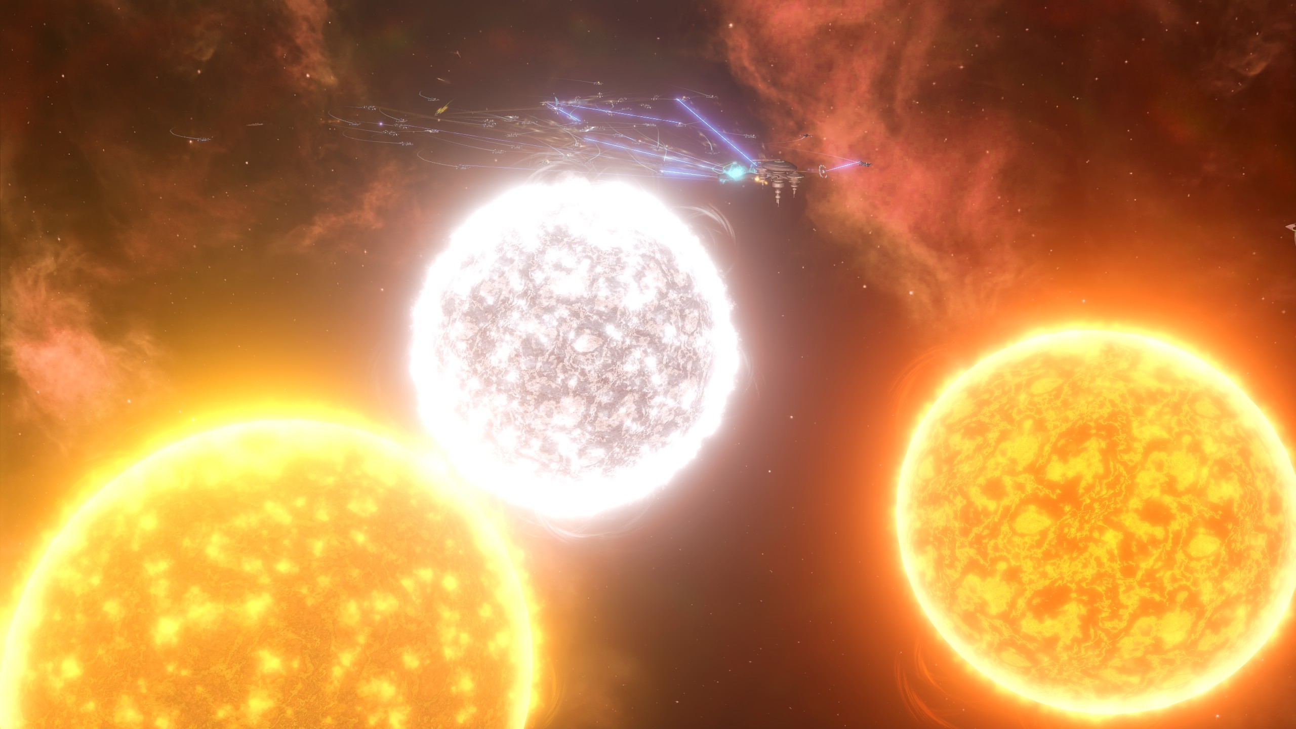 A space battle above three suns