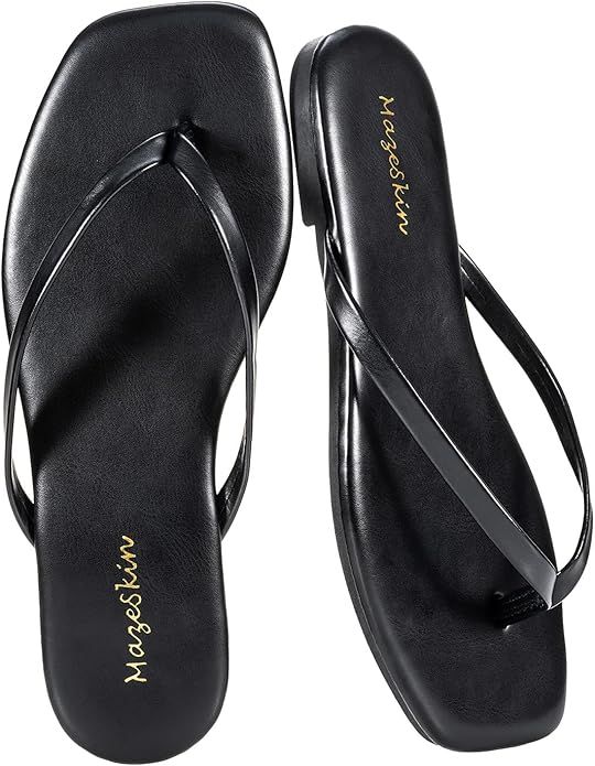 mazeskin, Mazeskin Womens Flip Flops Memory Foam Square Toe Flat Sandals Vegan Leather Summer Beach Slides,all Black Us8.5