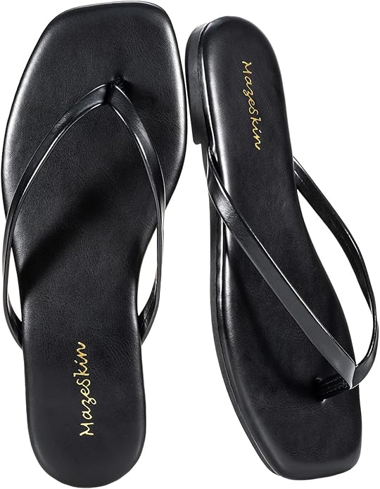 mazeskin, Mazeskin Womens Flip Flops Memory Foam Square Toe Flat Sandals Vegan Leather Summer Beach Slides,all Black Us8.5