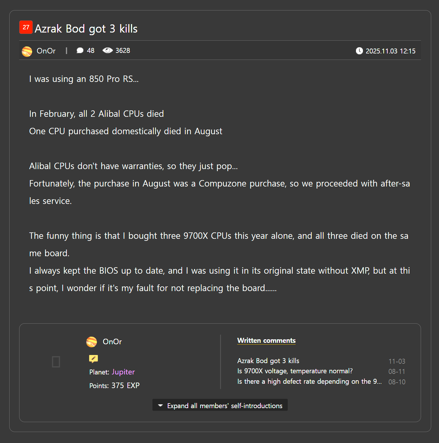 Three 9700X CPUs dying for one person on one ASRock motherboard