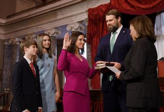Vice President Kamala Harris ceremonially swears in US Senator Katie Britt, Republican of Alabama, for the 118th Congress in the Old Senate Chamber at the US Capitol in Washington, DC, January 3, 2023.
