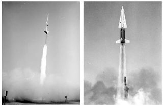 Nike Ajax (left) and Hercules (right) missiles during test launches.