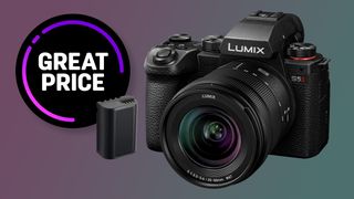 Panasonic S5 II camera with 20-60mm lens against a pale purple and green background, with the text &quot;Great price&quot;